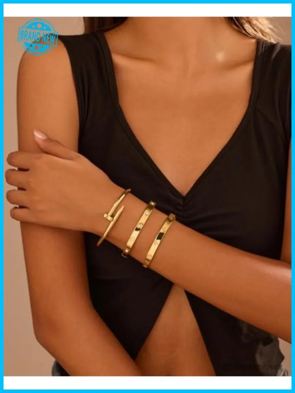 18K Gold Plated Stainless Steel Love Nail Bangle Clover Bracelet Set Stackable
